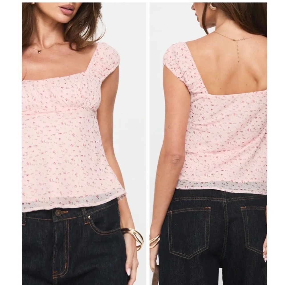 See You Monday Mesh Babydoll Floral Top, Rushed Cap Sleeve Women L Pink